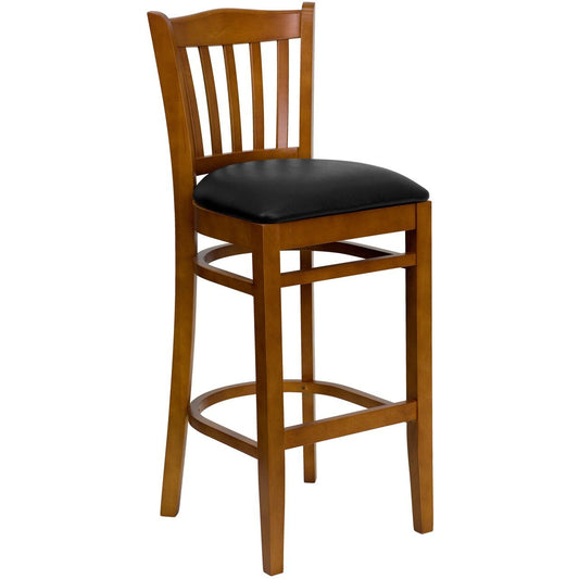 HERCULES Series Vertical Slat Back Cherry Wood Restaurant Barstool - Black Vinyl Seat