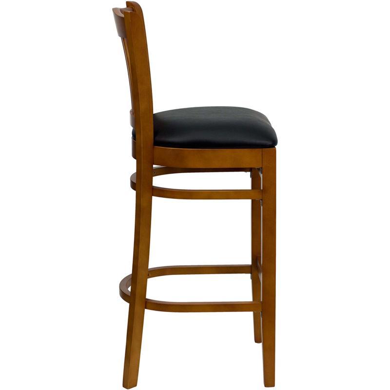 HERCULES Series Vertical Slat Back Cherry Wood Restaurant Barstool - Black Vinyl Seat