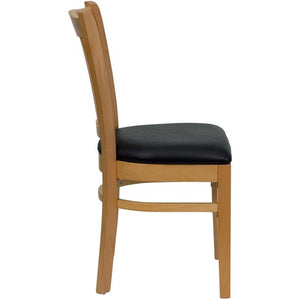 HERCULES Series Vertical Slat Back Natural Wood Restaurant Chair - Black Vinyl Seat