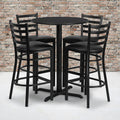 30'' Round Black Laminate Table Set with 4 Ladder Back Metal Barstools - Black Vinyl Seat