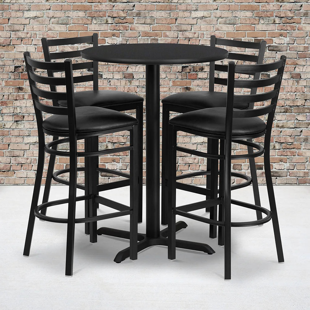 30'' Round Black Laminate Table Set with 4 Ladder Back Metal Barstools - Black Vinyl Seat