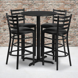 30'' Round Black Laminate Table Set with 4 Ladder Back Metal Barstools - Black Vinyl Seat