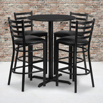 30'' Round Black Laminate Table Set with 4 Ladder Back Metal Barstools - Black Vinyl Seat