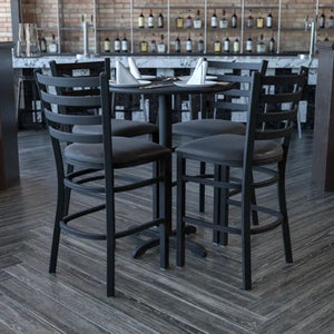 30'' Round Black Laminate Table Set with 4 Ladder Back Metal Barstools - Black Vinyl Seat