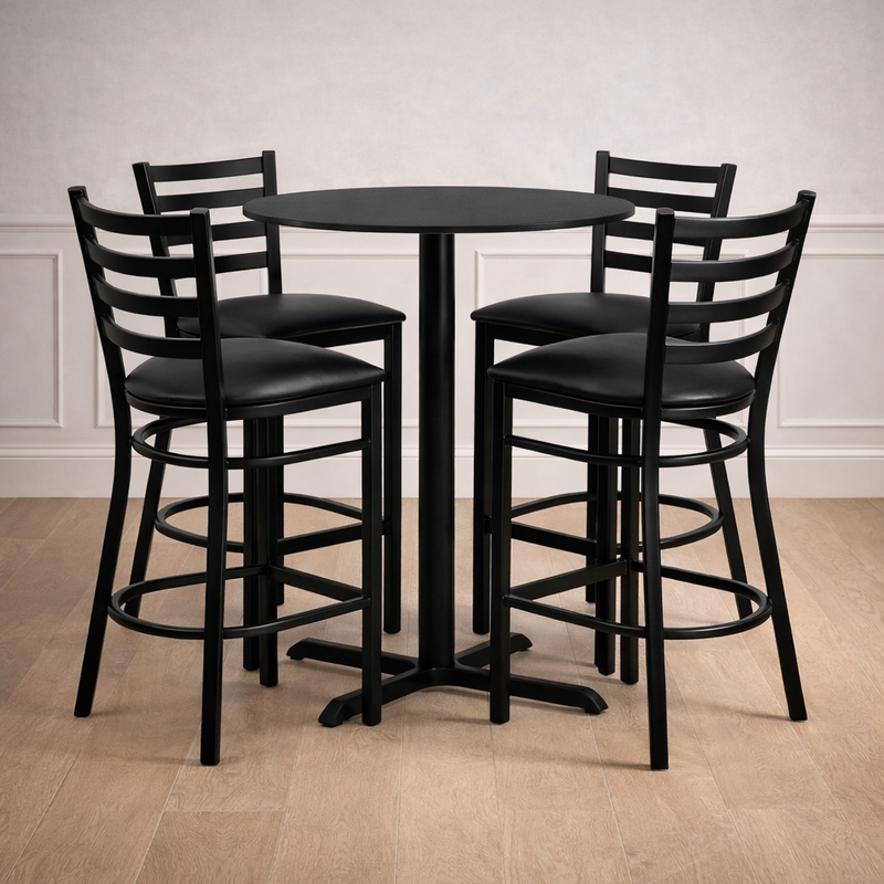 30'' Round Black Laminate Table Set with 4 Ladder Back Metal Barstools - Black Vinyl Seat