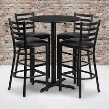 30'' Round Black Laminate Table Set with 4 Ladder Back Metal Barstools - Black Vinyl Seat