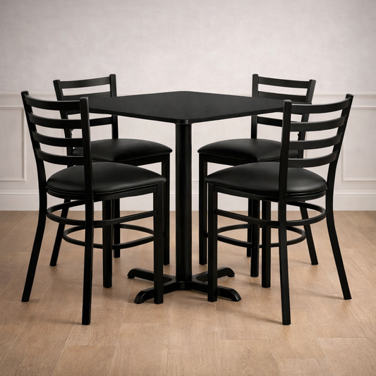 36'' Square Black Laminate Table Set with X-Base and 4 Ladder Back Metal Chairs - Black Vinyl Seat