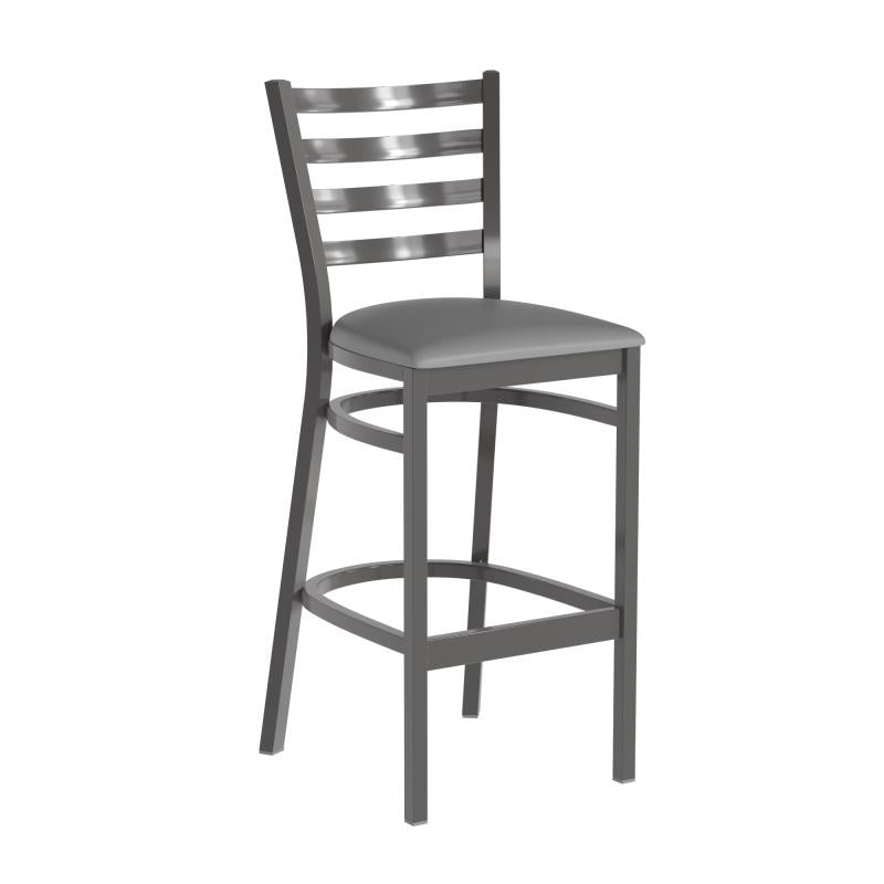 Heavy Duty 500 Pound Capacity Clear Coated Ladder Back Metal Restaurant Barstool - Gray Vinyl Seat