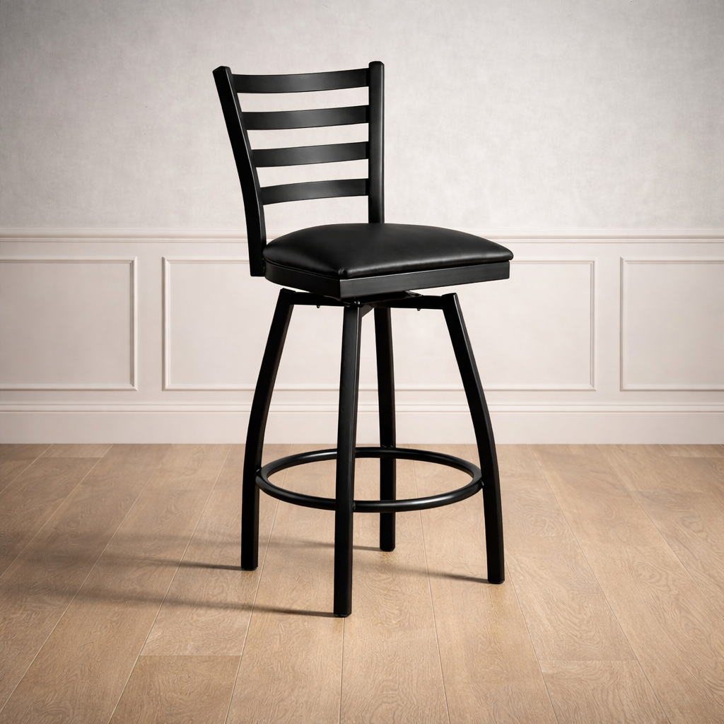 Heavy Duty Black Ladder Back Swivel Metal Bar Stool - Black Vinyl Seat