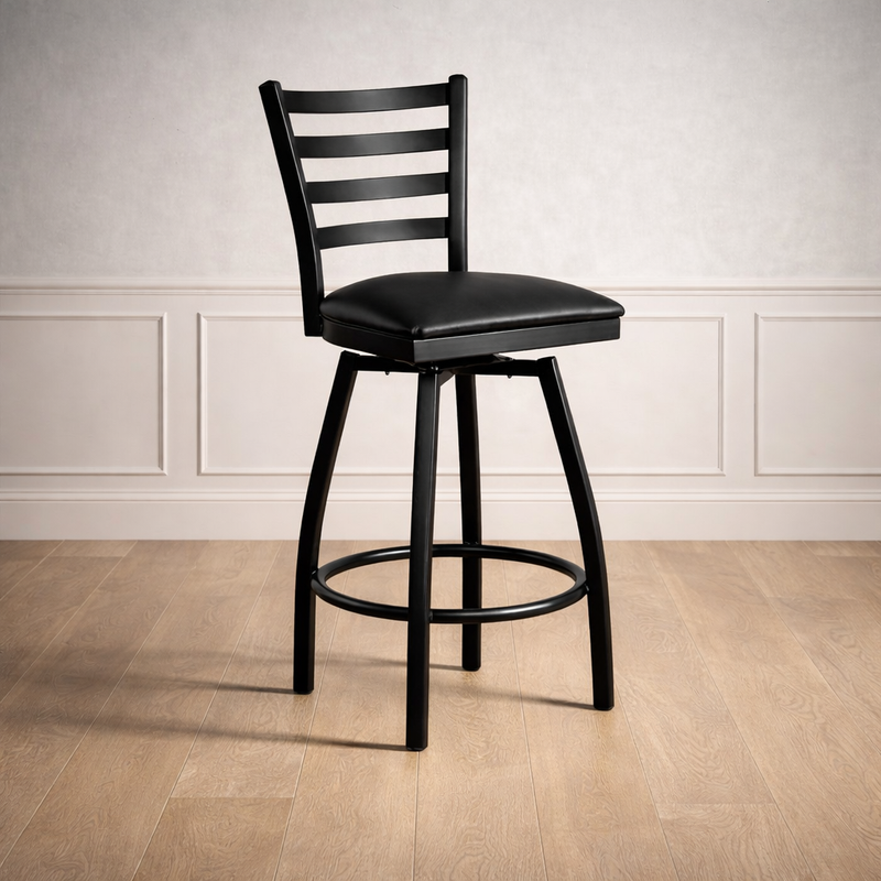 Heavy Duty Black Ladder Back Swivel Metal Bar Stool - Black Vinyl Seat