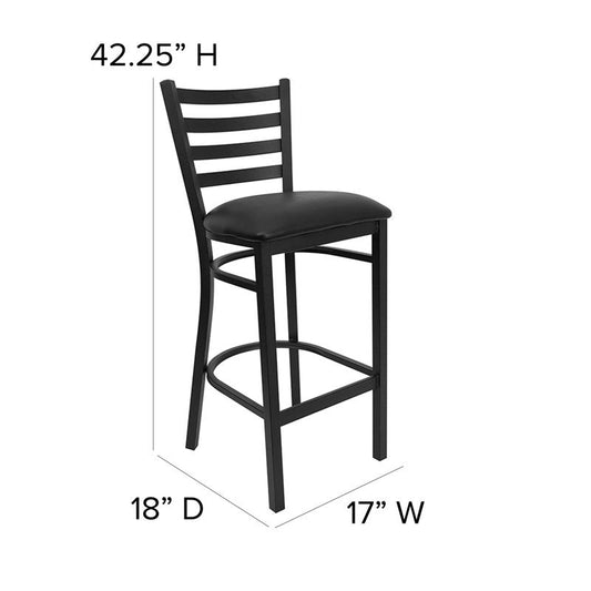 Heavy Duty Black Ladder Back Metal Restaurant Barstool - Black Vinyl Seat