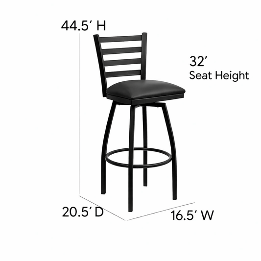 Heavy Duty Black Ladder Back Swivel Metal Bar Stool - Black Vinyl Seat