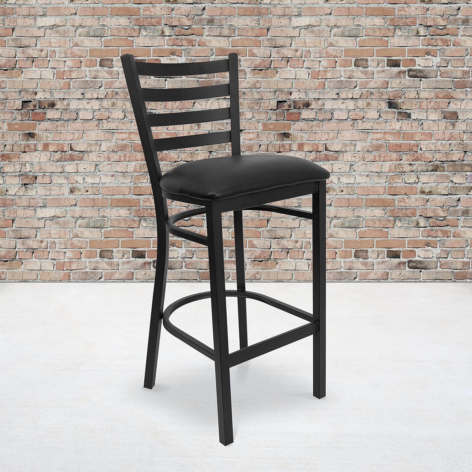 Heavy Duty Black Ladder Back Metal Restaurant Barstool - Black Vinyl Seat

