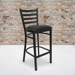 Heavy Duty Black Ladder Back Metal Restaurant Barstool - Black Vinyl Seat
