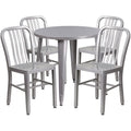 30'' Round Silver Metal Indoor-Outdoor Table Set with 4 Vertical Slat Back Chairs