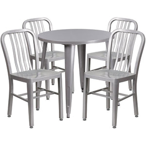 30'' Round Silver Metal Indoor-Outdoor Table Set with 4 Vertical Slat Back Chairs