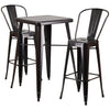 23.75'' Square Black-Antique Gold Metal Indoor-Outdoor Bar Table Set with 2 Stools with Backs