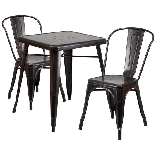 23.75'' Square Black-Antique Gold Metal Indoor-Outdoor Table Set with 2 Stack Chairs