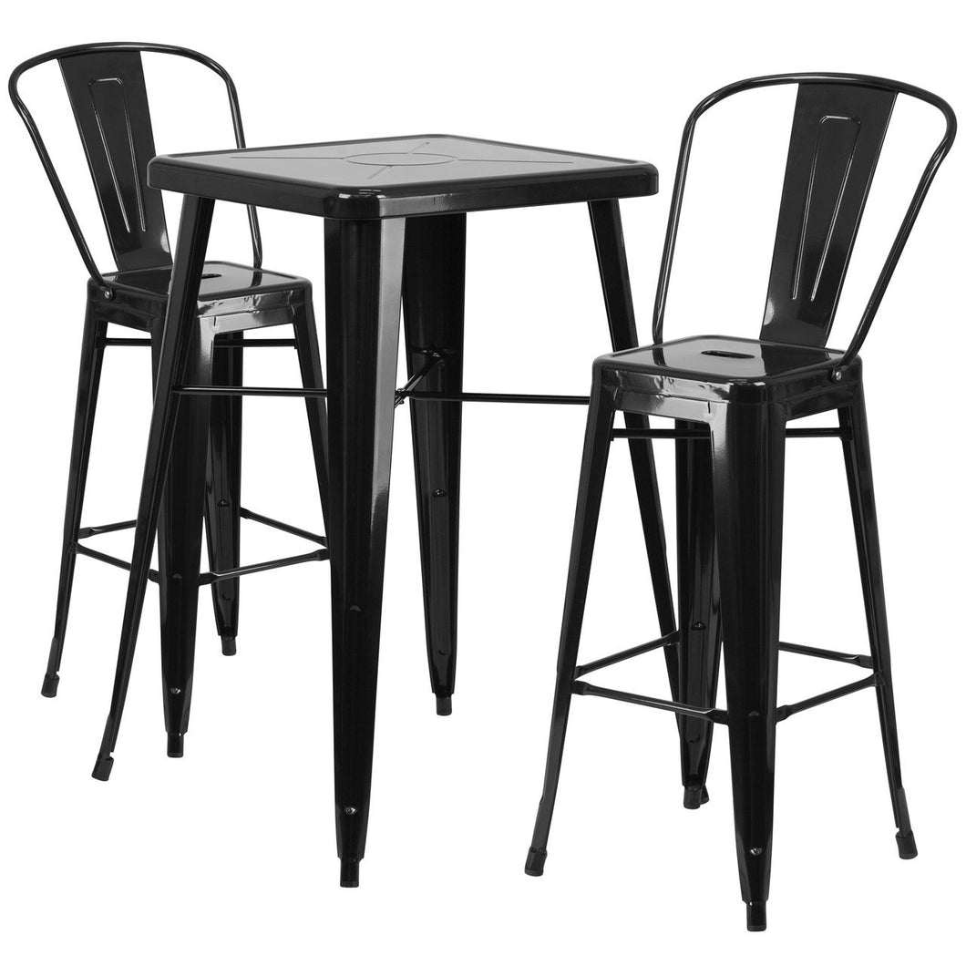 23.75'' Square Black Metal Indoor-Outdoor Bar Table Set with 2 Stools with Backs