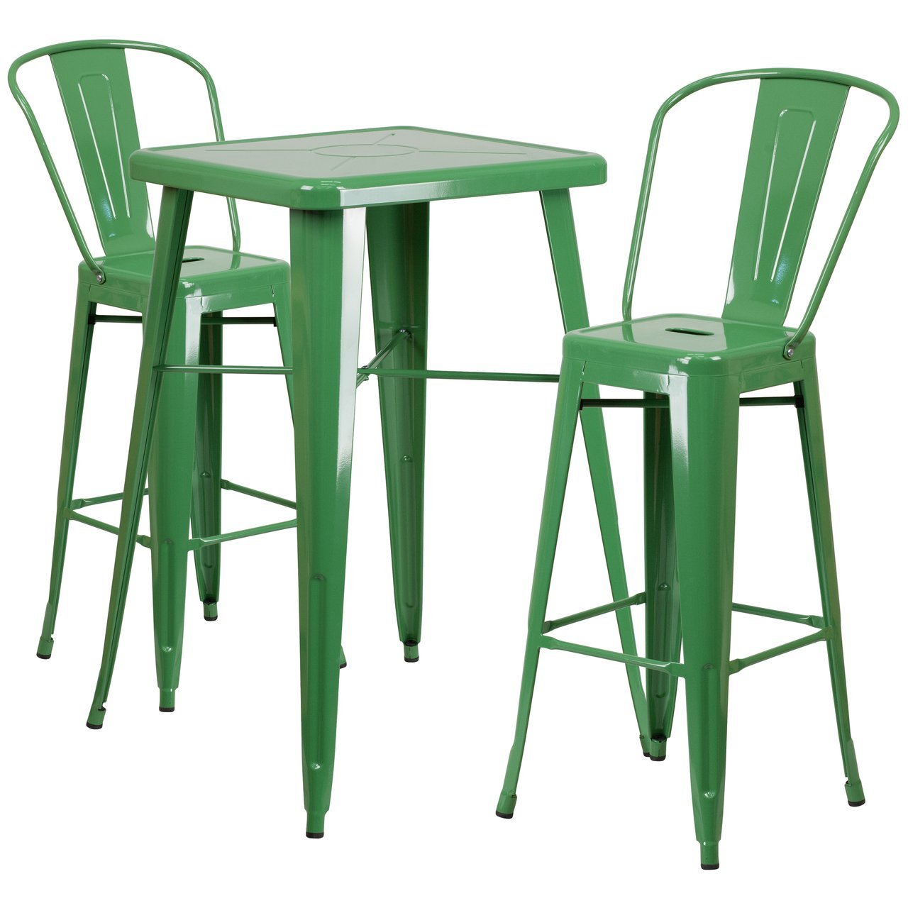 23.75'' Square Green Metal Indoor-Outdoor Bar Table Set with 2 Stools with Backs