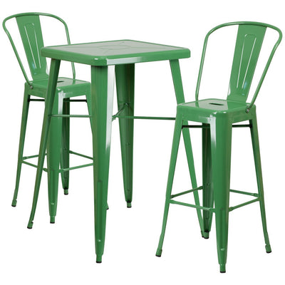 23.75'' Square Green Metal Indoor-Outdoor Bar Table Set with 2 Stools with Backs
