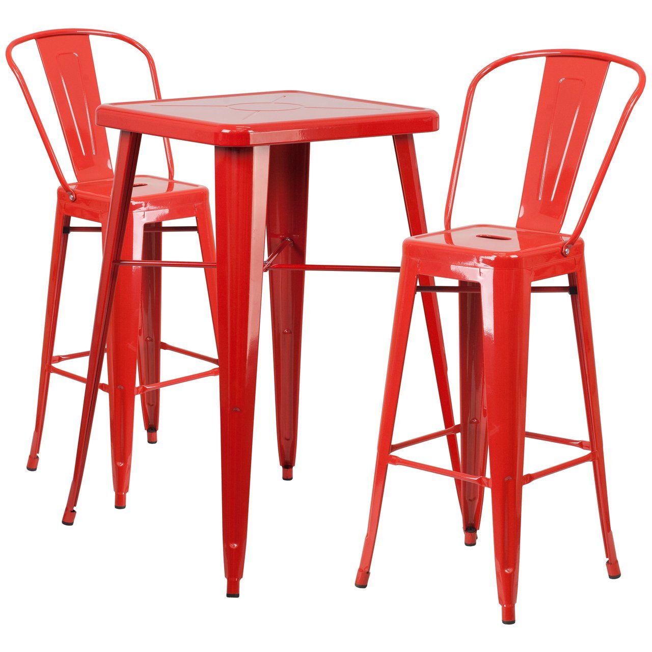 23.75'' Square Red Metal Indoor-Outdoor Bar Table Set with 2 Stools with Backs