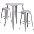 23.75'' Square Silver Metal Indoor-Outdoor Bar Table Set with 2 Square Seat Backless Stools
