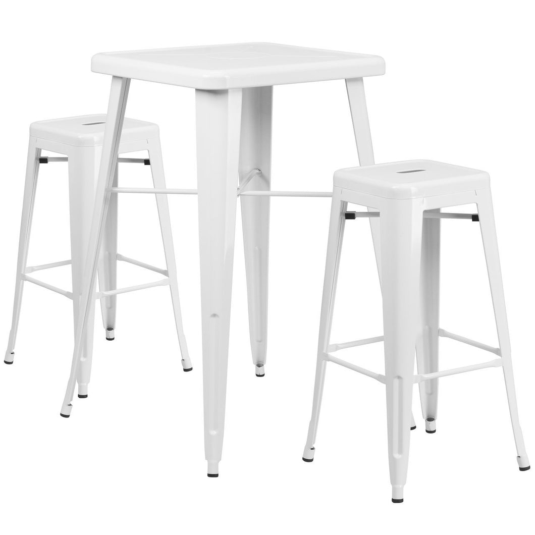 23.75'' Square White Metal Indoor-Outdoor Bar Table Set with 2 Square Seat Backless Stools