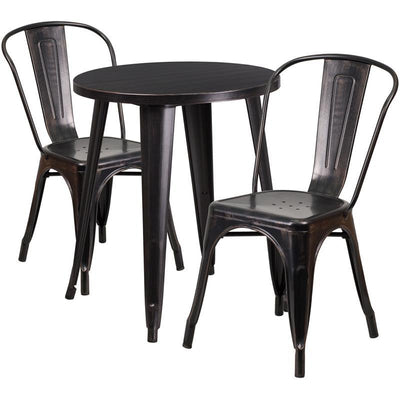 24'' Round Black-Antique Gold Metal Indoor-Outdoor Table Set with 2 Cafe Chairs