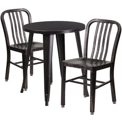 24'' Round Black-Antique Gold Metal Indoor-Outdoor Table Set with 2 Vertical Slat Back Chairs
