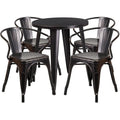 24'' Round Black-Antique Gold Metal Indoor-Outdoor Table Set with 4 Arm Chairs