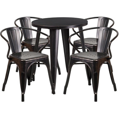 24'' Round Black-Antique Gold Metal Indoor-Outdoor Table Set with 4 Arm Chairs