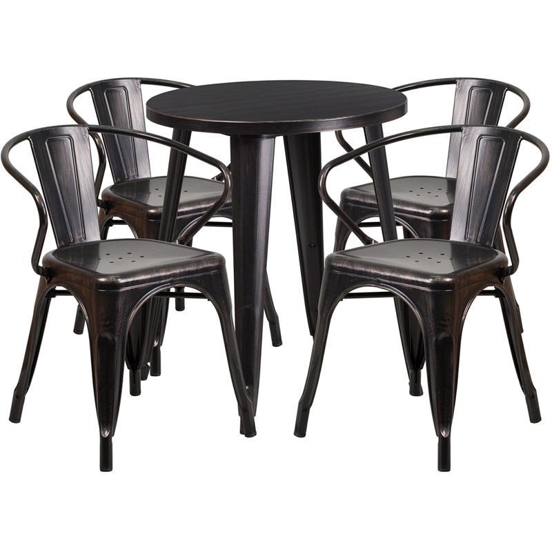 24'' Round Black-Antique Gold Metal Indoor-Outdoor Table Set with 4 Arm Chairs