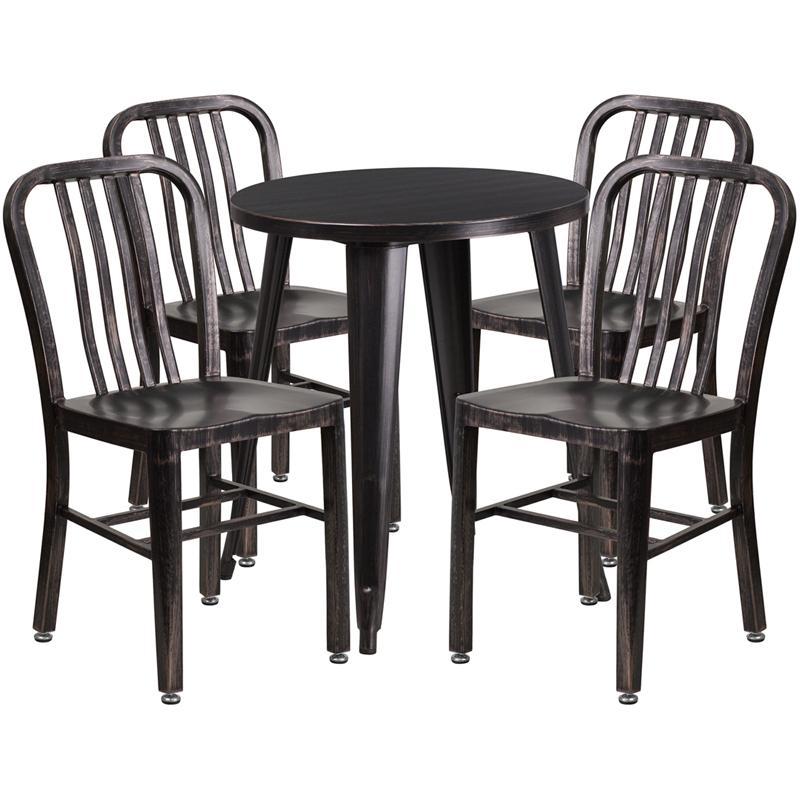 24'' Round Black-Antique Gold Metal Indoor-Outdoor Table Set with 4 Vertical Slat Back Chairs