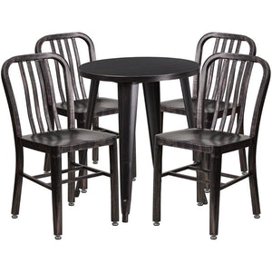 24'' Round Black-Antique Gold Metal Indoor-Outdoor Table Set with 4 Vertical Slat Back Chairs