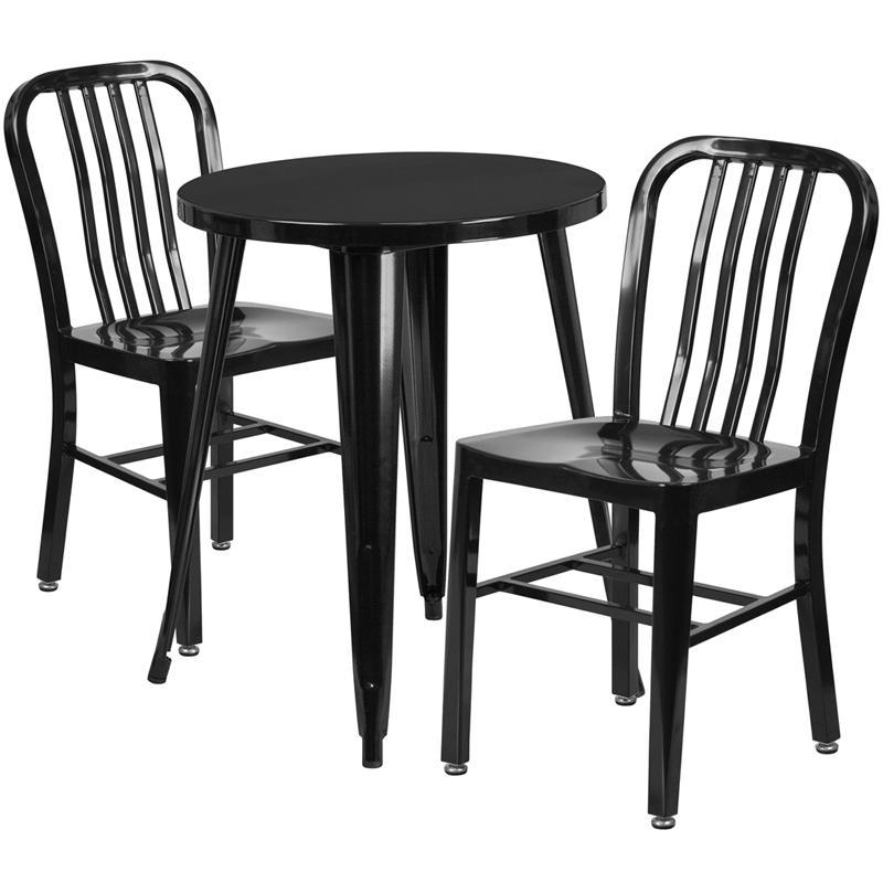 24'' Round Black Metal Indoor-Outdoor Table Set with 2 Vertical Slat Back Chairs