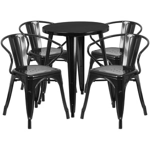 24'' Round Black Metal Indoor-Outdoor Table Set with 4 Arm Chairs
