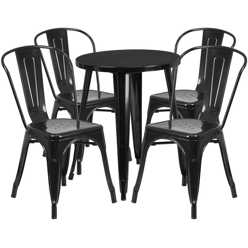 24'' Round Black Metal Indoor-Outdoor Table Set with 4 Cafe Chairs