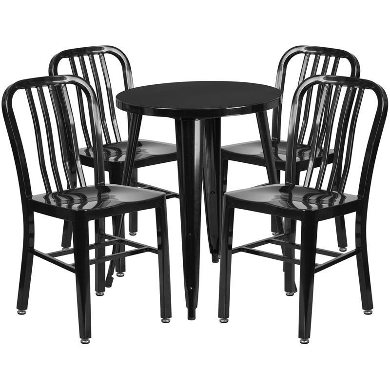 24'' Round Black Metal Indoor-Outdoor Table Set with 4 Vertical Slat Back Chairs