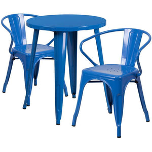 24'' Round Blue Metal Indoor-Outdoor Table Set with 2 Arm Chairs