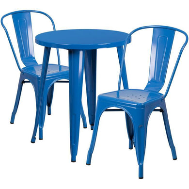 24'' Round Blue Metal Indoor-Outdoor Table Set with 2 Cafe Chairs