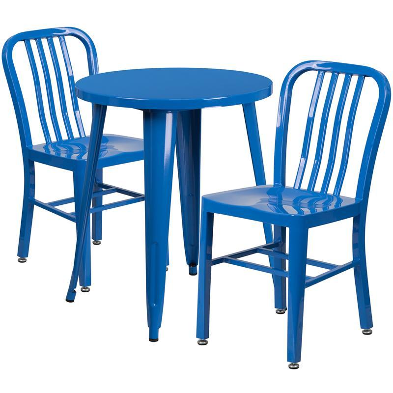 24'' Round Blue Metal Indoor-Outdoor Table Set with 2 Vertical Slat Back Chairs