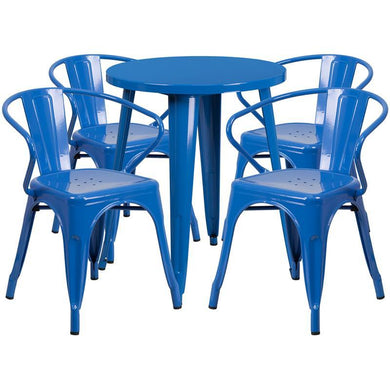 24'' Round Blue Metal Indoor-Outdoor Table Set with 4 Arm Chairs