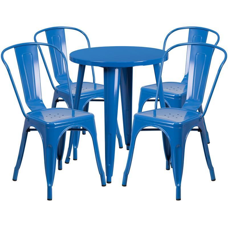 24'' Round Blue Metal Indoor-Outdoor Table Set with 4 Cafe Chairs