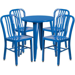 24'' Round Blue Metal Indoor-Outdoor Table Set with 4 Vertical Slat Back Chairs