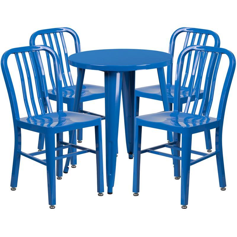 24'' Round Blue Metal Indoor-Outdoor Table Set with 4 Vertical Slat Back Chairs