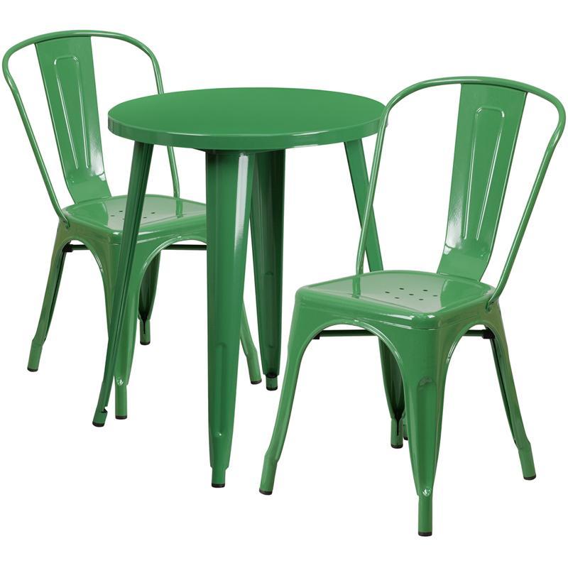 24'' Round Green Metal Indoor-Outdoor Table Set with 2 Cafe Chairs