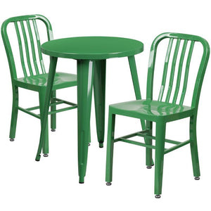 24'' Round Green Metal Indoor-Outdoor Table Set with 2 Vertical Slat Back Chairs