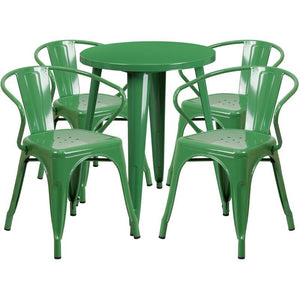 24'' Round Green Metal Indoor-Outdoor Table Set with 4 Arm Chairs