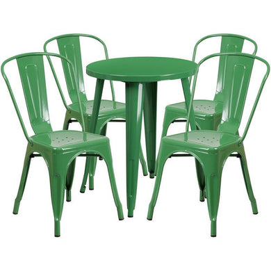 24'' Round Green Metal Indoor-Outdoor Table Set with 4 Cafe Chairs
